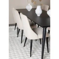 Ruokailuryhmä Venture Home, 230x85cm musta Ellis-pöytä + 6 beigeä Leone-tuolia, vakosametti