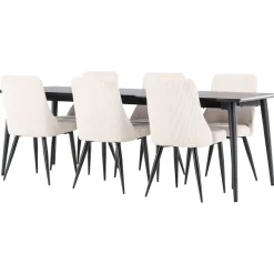 Ruokailuryhmä Venture Home, 230x85cm musta Ellis-pöytä + 6 beigeä Leone-tuolia, vakosametti