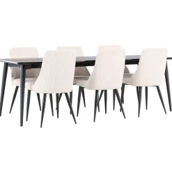 Ruokailuryhmä Venture Home, 230x85cm musta Ellis-pöytä + 6 beigeä Leone-tuolia, vakosametti