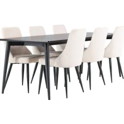 Ruokailuryhmä Venture Home, 230x85cm musta Ellis-pöytä + 6 beigeä Leone-tuolia, vakosametti