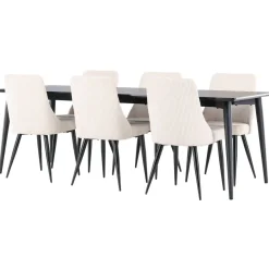 Ruokailuryhmä Venture Home, 230x85cm musta Ellis-pöytä + 6 beigeä Leone-tuolia, vakosametti