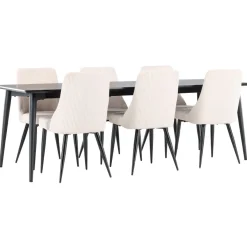 Ruokailuryhmä Venture Home, 230x85cm musta Ellis-pöytä + 6 beigeä Leone-tuolia, vakosametti