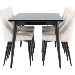 Ruokailuryhmä Venture Home, 230x85cm musta Ellis-pöytä + 6 beigeä Leone-tuolia, vakosametti