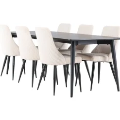 Ruokailuryhmä Venture Home, 230x85cm musta Ellis-pöytä + 6 beigeä Leone-tuolia, vakosametti