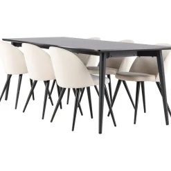 Ruokailuryhmä Venture Home, 230x85cm musta Ellis-pöytä + 6 beigeä Velvet-tuolia, sametti