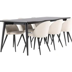 Ruokailuryhmä Venture Home, 230x85cm musta Ellis-pöytä + 6 beigeä Velvet-tuolia, sametti