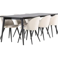 Ruokailuryhmä Venture Home, 230x85cm musta Ellis-pöytä + 6 beigeä Velvet-tuolia, sametti