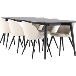 Ruokailuryhmä Venture Home, 230x85cm musta Ellis-pöytä + 6 beigeä Velvet-tuolia, sametti