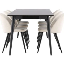 Ruokailuryhmä Venture Home, 230x85cm musta Ellis-pöytä + 6 beigeä Velvet-tuolia, sametti