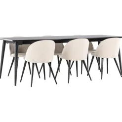 Ruokailuryhmä Venture Home, 230x85cm musta Ellis-pöytä + 6 beigeä Velvet-tuolia, sametti