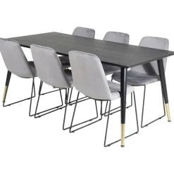 Ruokailuryhmä Venture Home, 180x90cm musta/messinki Dipp-pöytä + 6 harmaata Muce-tuolia