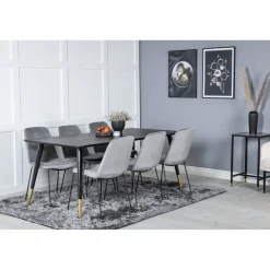 Ruokailuryhmä Venture Home, 180x90cm musta/messinki Dipp-pöytä + 6 harmaata Muce-tuolia