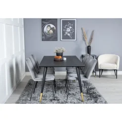Ruokailuryhmä Venture Home, 180x90cm musta/messinki Dipp-pöytä + 6 harmaata Muce-tuolia