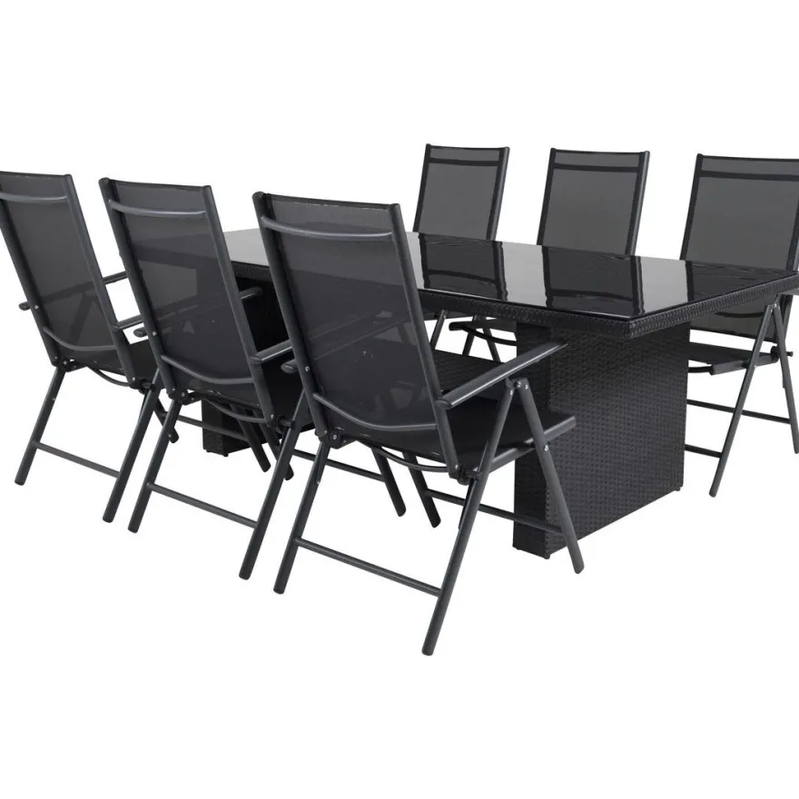 Ruokailuryhmä Venture Home, 200x100cm musta Padova-pöytä + 6 mustaa Break-säätötuolia