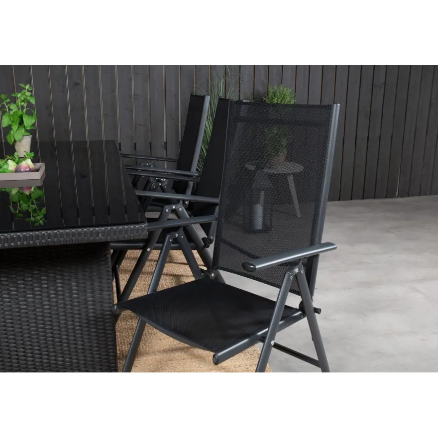 Ruokailuryhmä Venture Home, 200x100cm musta Padova-pöytä + 6 mustaa Break-säätötuolia
