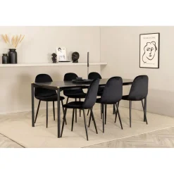 Ruokailuryhmä Venture Home, 190x90cm musta Pelle-pöytä + 6 mustaa Polar-tuolia, sametti