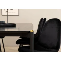 Ruokailuryhmä Venture Home, 190x90cm musta Pelle-pöytä + 6 mustaa Polar-tuolia, sametti