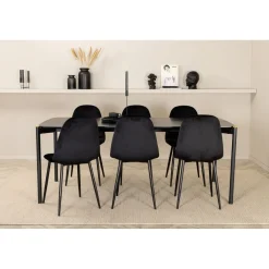 Ruokailuryhmä Venture Home, 190x90cm musta Pelle-pöytä + 6 mustaa Polar-tuolia, sametti