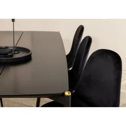Ruokailuryhmä Venture Home, 190x90cm musta Pelle-pöytä + 6 mustaa Polar-tuolia, sametti