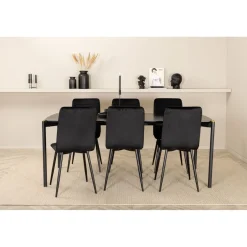 Ruokailuryhmä Venture Home, 190x90cm musta Pelle-pöytä + 6 mustaa Windu Lyx -tuolia, sametti