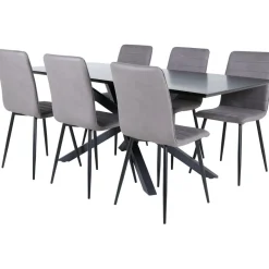 Ruokailuryhmä Venture Home, 180x90cm musta Piazza-pöytä + 6 harmaata Windu-tuolia