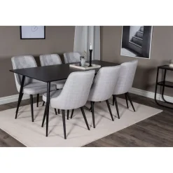 Ruokailuryhmä Venture Home, 180x90cm musta Silar-pöytä + 6 Velvet Deluxe -tuolia