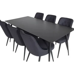 Ruokailuryhmä Venture Home, 180x90cm musta Silar-pöytä + 6 Velvet Deluxe -tuolia