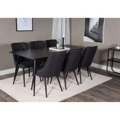 Ruokailuryhmä Venture Home, 180x90cm musta Silar-pöytä + 6 Velvet Deluxe -tuolia