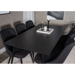 Ruokailuryhmä Venture Home, 180x90cm musta Silar-pöytä + 6 Velvet Deluxe -tuolia