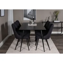 Ruokailuryhmä Venture Home, 180x90cm musta Silar-pöytä + 6 Velvet Deluxe -tuolia