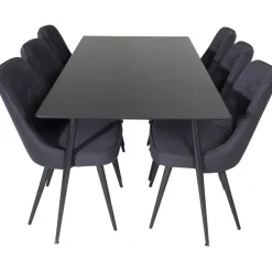 Ruokailuryhmä Venture Home, 180x90cm musta Silar-pöytä + 6 Velvet Deluxe -tuolia