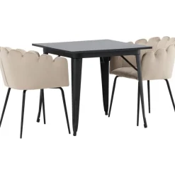 Ruokailuryhmä Venture Home, 80x80cm musta Tempe-pöytä + 2 beigeä Limhamn-tuolia