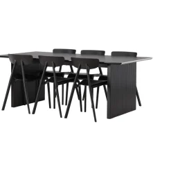 Ruokailuryhmä Venture Home, 200x100cm musta Vail-pöytä + 6 Ursholmen-tuolia