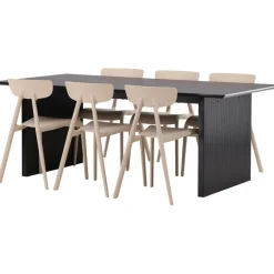 Ruokailuryhmä Venture Home, 200x100cm musta Vail-pöytä + 6 Ursholmen-tuolia