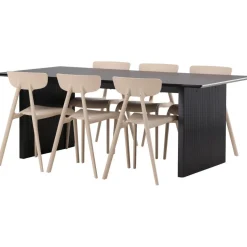 Ruokailuryhmä Venture Home, 200x100cm musta Vail-pöytä + 6 Ursholmen-tuolia