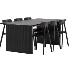 Ruokailuryhmä Venture Home, 200x100cm musta Vail-pöytä + 6 Ursholmen-tuolia