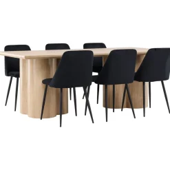 Ruokailuryhmä Venture Home, 210x100cm Olivia-pöytä + 6 mustaa Night-tuolia, sametti