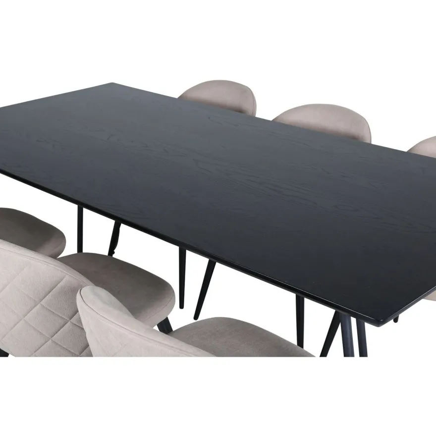 Ruokailuryhmä Venture Home, 190x90cm Petra-pöytä + 6 beigeä Velvet Stitches -tuolia