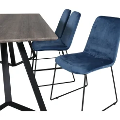 Ruokailuryhmä Venture Home, 180x90cm ruskea Marina-pöytä + 6 sinistä Muce-tuolia, sametti