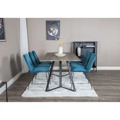 Ruokailuryhmä Venture Home, 180x90cm ruskea Marina-pöytä + 6 sinistä Muce-tuolia, sametti