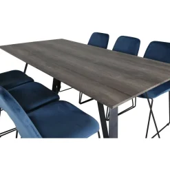 Ruokailuryhmä Venture Home, 180x90cm ruskea Marina-pöytä + 6 sinistä Muce-tuolia, sametti