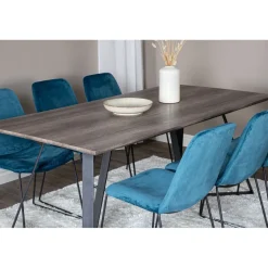 Ruokailuryhmä Venture Home, 180x90cm ruskea Marina-pöytä + 6 sinistä Muce-tuolia, sametti
