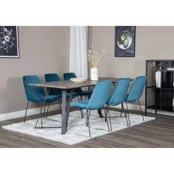 Ruokailuryhmä Venture Home, 180x90cm ruskea Marina-pöytä + 6 sinistä Muce-tuolia, sametti