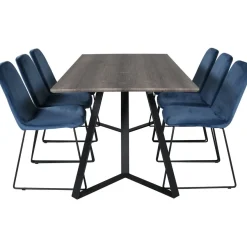 Ruokailuryhmä Venture Home, 180x90cm ruskea Marina-pöytä + 6 sinistä Muce-tuolia, sametti
