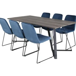 Ruokailuryhmä Venture Home, 180x90cm ruskea Marina-pöytä + 6 sinistä Muce-tuolia, sametti
