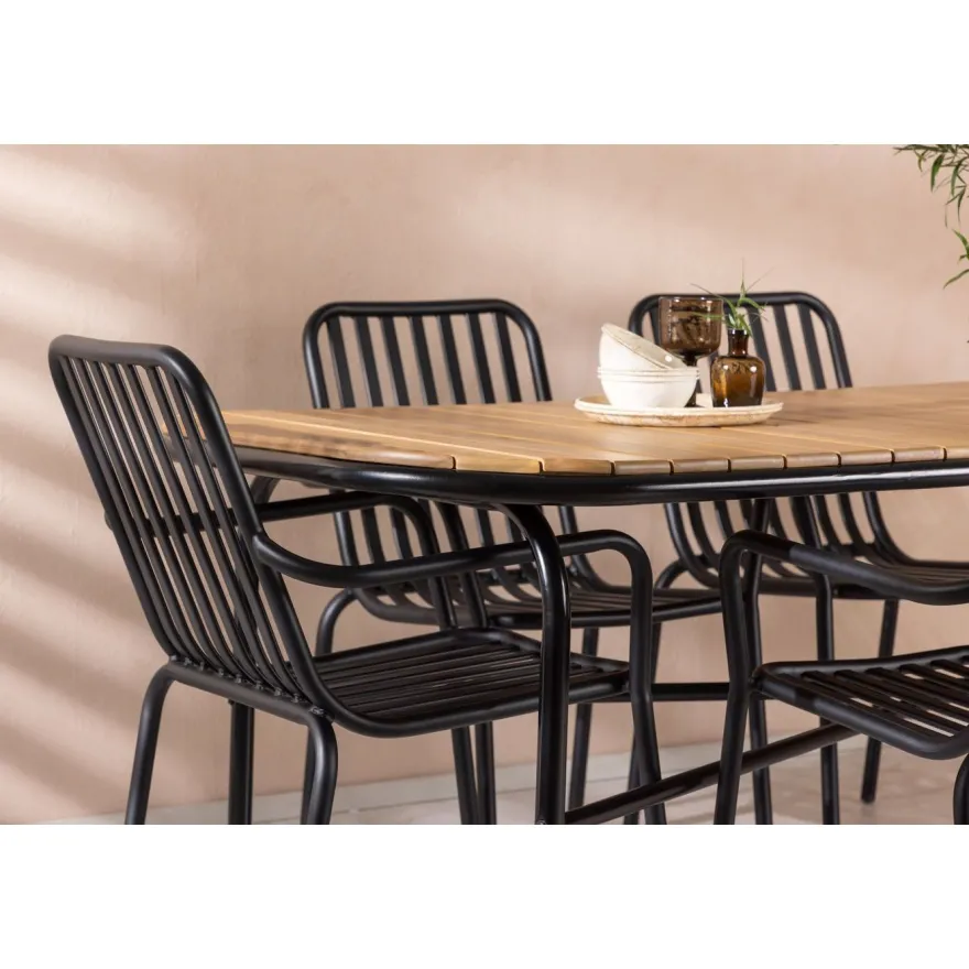 Ruokailuryhmä Venture Home, 200x90cm ruskea/musta Holmbeck-pöytä + 6 mustaa Peking-tuolia