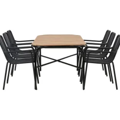 Ruokailuryhmä Venture Home, 200x90cm ruskea/musta Holmbeck-pöytä + 6 mustaa Peking-tuolia