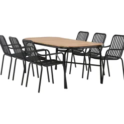 Ruokailuryhmä Venture Home, 200x90cm ruskea/musta Holmbeck-pöytä + 6 mustaa Peking-tuolia