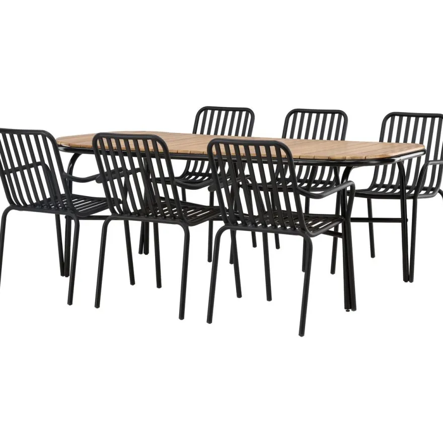 Ruokailuryhmä Venture Home, 200x90cm ruskea/musta Holmbeck-pöytä + 6 mustaa Peking-tuolia