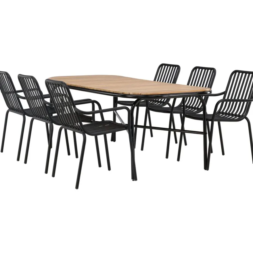Ruokailuryhmä Venture Home, 200x90cm ruskea/musta Holmbeck-pöytä + 6 mustaa Peking-tuolia